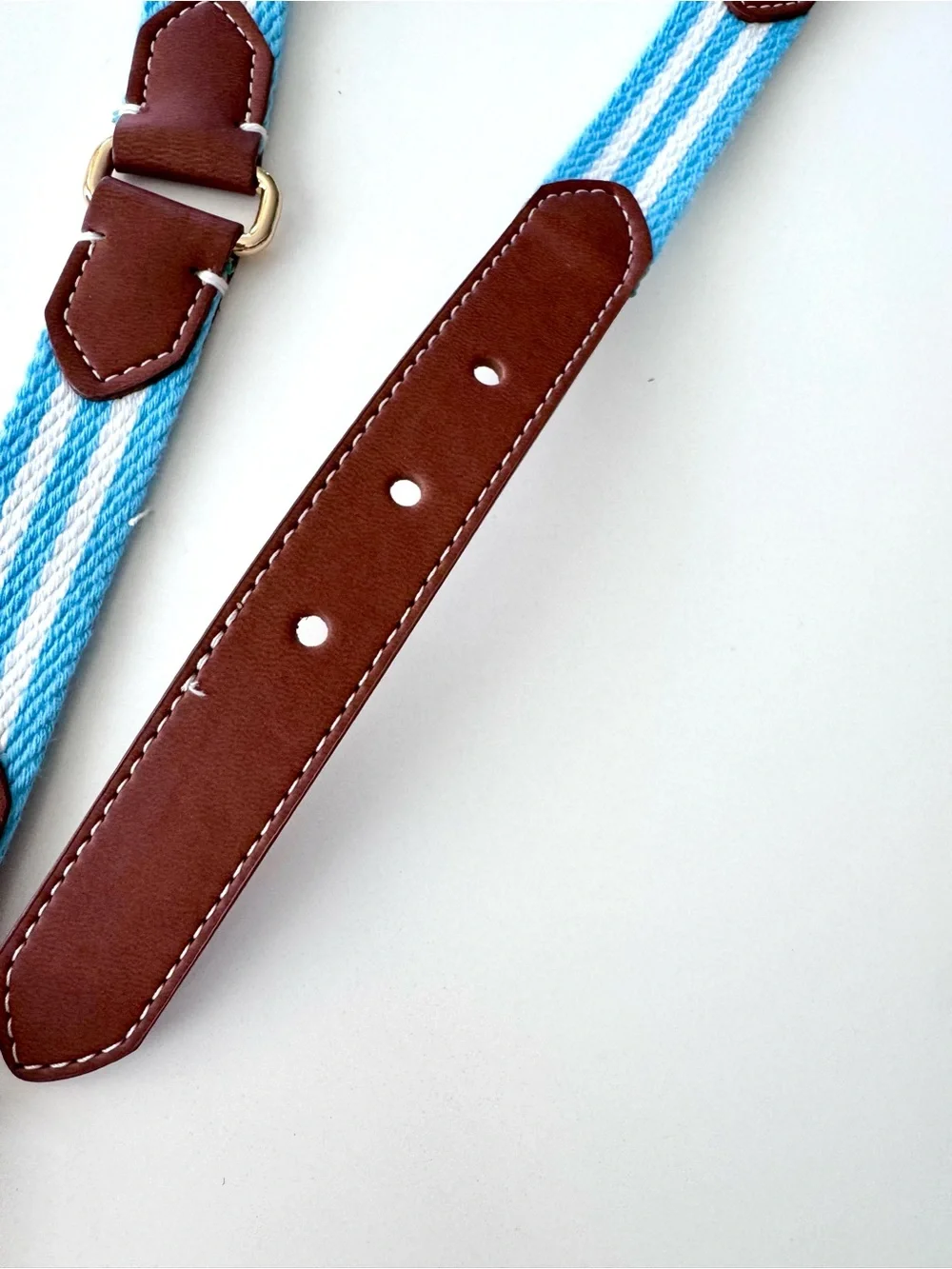 Tommy Hilfiger Striped Light Blue Belt with Brown Leather Golden Tone Buckle M